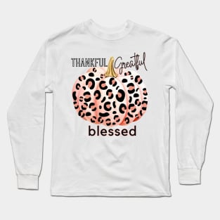 Blush Pink Pumpkin with Leopard Print Thankful Greatful Blessed Long Sleeve T-Shirt